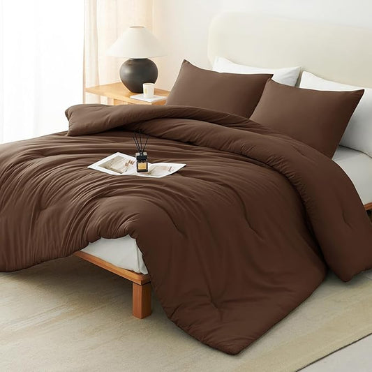 CozyLux Oversized Queen Comforter Set Brown, 3 Pieces 98x98 Solid Breathable Quilted Bedding Sets for All Season, Luxury Soft Lightweight Bed Set with Down Alternative Comforter and 2 Pillowcases