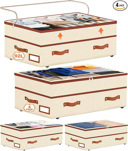 Dolicer 4 Pack Under Bed Storage with Wheels, 6in-10in Height Adjustable Underbed Storage Containers, 92L XXXL Under Bed Drawers Rolling Bin with Clear Lids for Dorm Shoes Clothes Organizers(Beige)