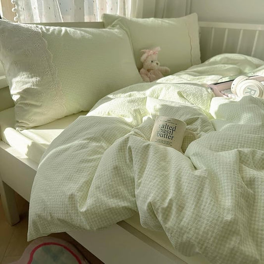 mixinni Green Gingham Duvet Cover Twin Size - 3 Piece Cottagecore Plaid Bedding Set with Lace Trim, Soft Washed Microfiber Vintage Aesthetic Grid Comforter Cover & Pillow Shams, (Green White Gingham)