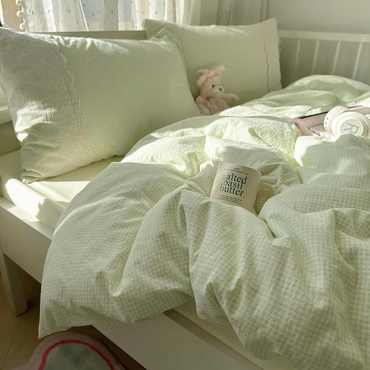 mixinni Green Gingham Duvet Cover King Size - 3 Piece Cottagecore Plaid Bedding Set with Lace Trim, Soft Washed Microfiber Vintage Aesthetic Grid Comforter Cover & Pillow Shams, (Green White Gingham)
