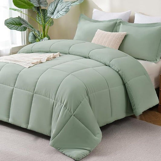 CozyLux Queen Comforter Set - 270GSM Sage Green Bedding Sets for All Seasons, 3 Pieces Box Stitched Bed Set with 1 Down Alternative Comforter and 2 Pillow Shams, Soft, Lightweight, Breathable