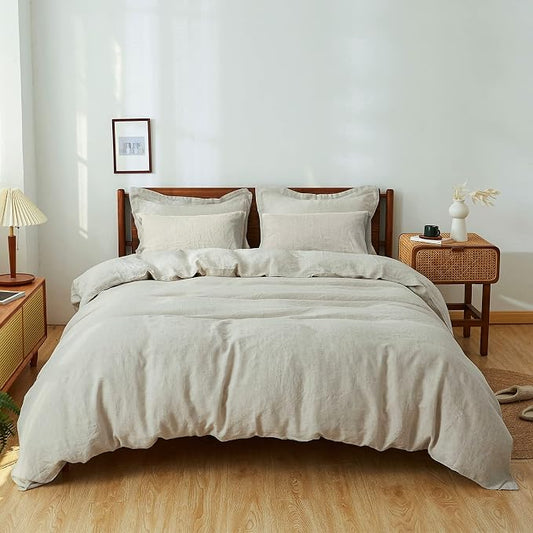 Simple&Opulence 100% Washed Linen Duvet Cover Set 5pcs(1 Duvet Cover& 2 Shams& 2 Pillowcases) Basic Style Natural French Flax Soft Breathable Farmhouse Bedding (King, Linen)