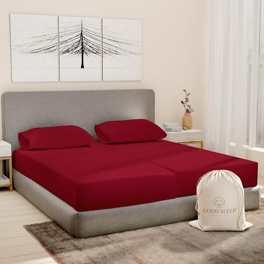Good Sleep Bedding Split King Sheets Sets for Adjustable Bed, 5 Piece, 100% Egyptian Cotton Bed Sheets for Adjustable Bed, Sateen Weave, 16 Inch Deep Pocket Bed Sheet - Burgundy