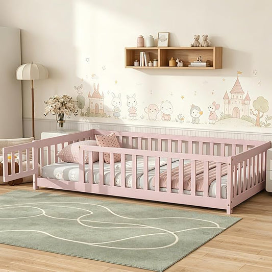 Bellemave Montessori Twin Floor Bed Frame with Fence and Removable Door, Low Profile Twin Size Montessori Bed Frame for Kids, Solid Wooden Floor Beds with Slats for Bedroom,Nursery, Pink