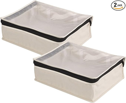 Household Essentials Canvas Sweater Storage Bags, 2-Pack, Breathable Cotton, Under-Bed Zippered Storage with Clear Top Window, Stackable, Cedar Insert Compatible (Not Included), Natural