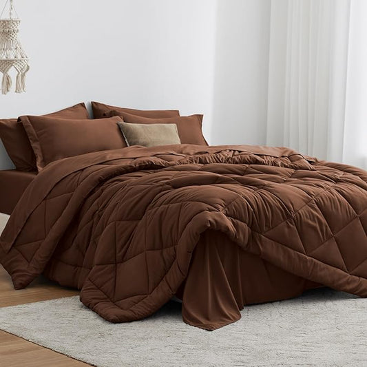 Love's cabin Queen Comforter Set Brown, 7 Pieces Queen Bed in a Bag, All Season Bedding Sets with 1 Comforter, 1 Flat Sheet, 1 Fitted Sheet, 2 Pillowcase and 2 Pillow Sham | Soft, Breathable, Lightweight, Comfortable