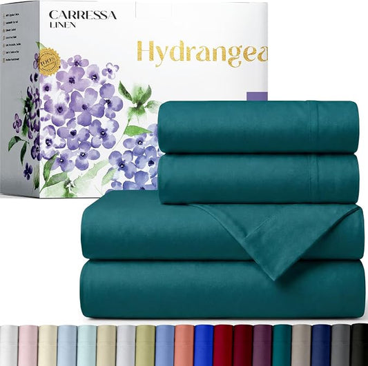 Carressa Linen 100% Egyptian Cotton Queen Sheet Set - 600 Series Hydrangeas Collection Egyptian Cotton Queen Sheets Set (4 PC, Teal), 16" Deep Pocket Sateen Weave Luxury Hotel Bed Sheet