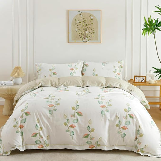 OAITE Duvet Cover Set Twin Size Floral Pattern Ultra Soft 100% Cotton Duvet Cover Sets 3-PC, Breathable Duvet Cover with Zipper Closure & Corner Ties(2 Pillow Shams,1 Duvet Cover)
