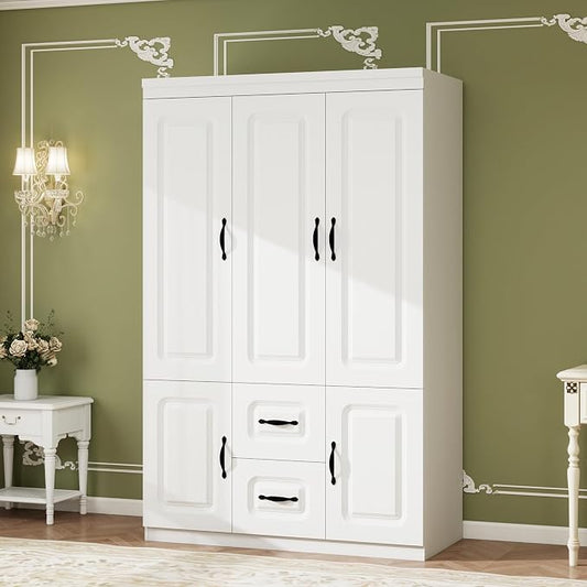 Armoire Wardrobe Closet 3 Door: Wooden White Bedroom Armoire Storage Cabinet for Large Capacity Armoire and Wardrobe Closet Wood with 2 Drawers Hanging Rail Shelves