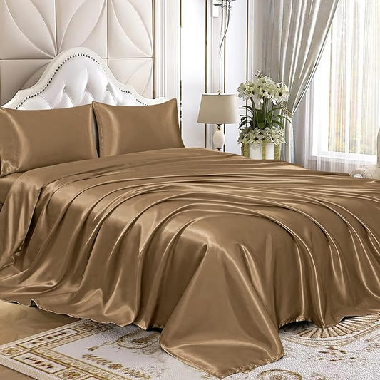 Homiest 4pcs Satin Sheets Set Luxury Silky Satin Bedding Set with Deep Pocket, 1 Fitted Sheet + 1 Flat Sheet + 2 Pillowcases (Queen Size, Camel Brown)