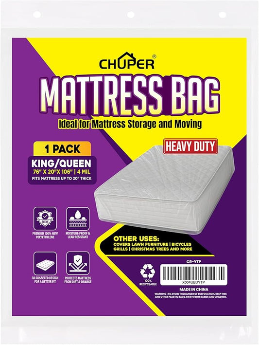 Cal King, King & Queen Mattress Bag for Moving and Storage, 4 Mil Oversized Extra Long Extra Thick Tear-Resistant Clear Mattress Cover, Up to 20” Thick, 76” x 106” x 20”, 1 Pack