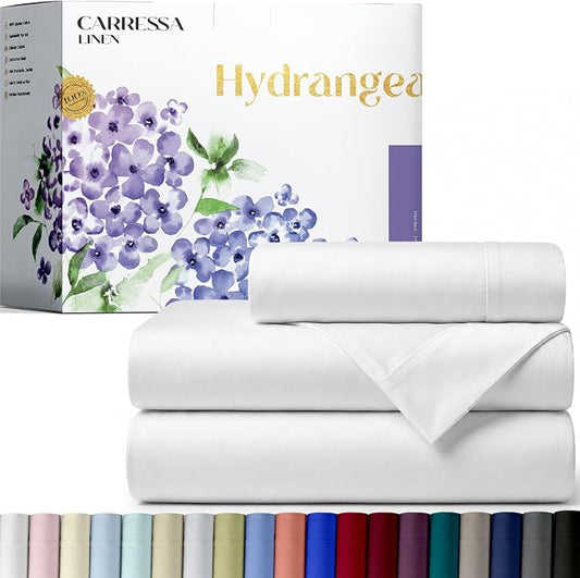 Carressa Linen 100% Egyptian Cotton Twin XL Sheets Set - 600 Series Hydrangeas Collection Luxury Egyptian Cotton Sheets Twin XL Size (3 PC, Crisp White), 16" Deep Pocket, Sateen Weave Bedding