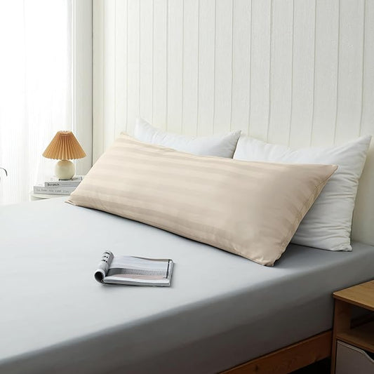 100% Cotton Soft Body Pillow Protectors with Invisible Zipper 20X54 Inches Body Pillow Cases, 600 Thread Count Soft Pillow Cases, Striped Beige Color 1-Pack