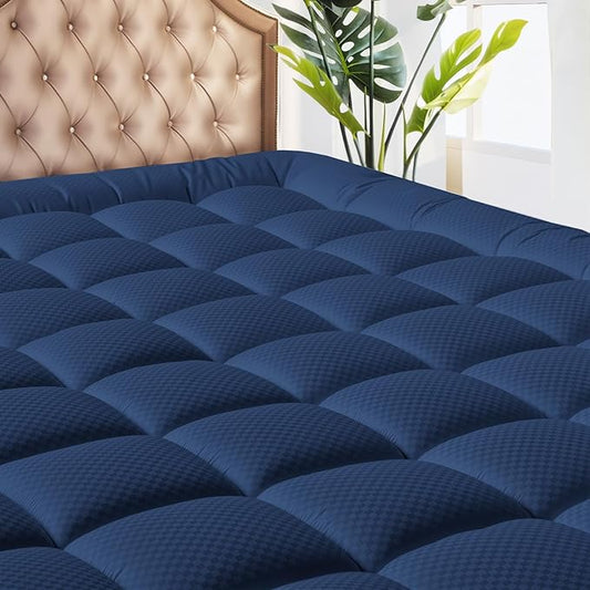 MATBEBY Twin Size Mattress Pad - Cooling Breathable Mattress Topper, Quilted Fitted Mattress Protector, Pillow Top Mattress Cover with 8-21" Deep Pocket, Machine Washable, Navy Blue, 39x75 Inches