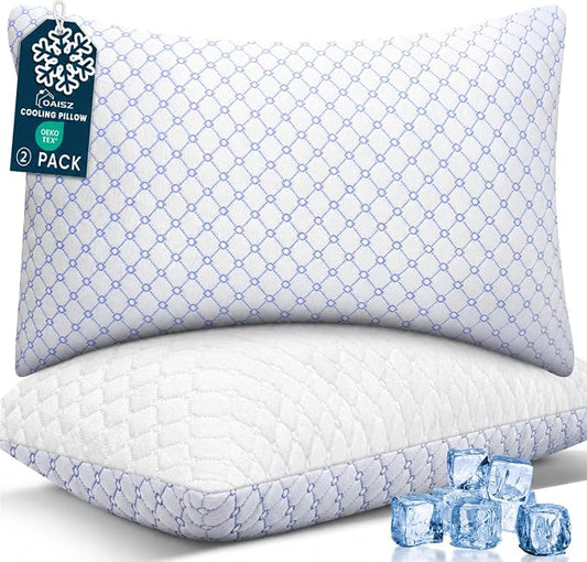 OAISZ Cooling Pillow Queen Size Set of 2, Shredded Memory Foam Bed Pillows for Sleeping, Adjustable Pillows with Cooling Cover, Soft Yet Supportive Memory Foam Pillows for Side Back Stomach Sleepers