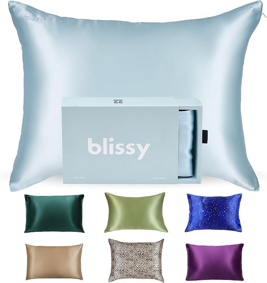 Blissy Silk Pillowcase - 100% Pure Mulberry Silk - 22 Momme 6A High-Grade Fibers - Silk Pillow Cover for Hair & Skin - Regular, Queen & King (Sky Blue, Standard)