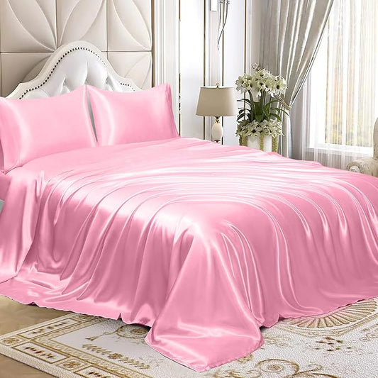 Homiest 4pcs Satin Sheets Set Luxury Silky Satin Bedding Set with Deep Pocket, 1 Fitted Sheet + 1 Flat Sheet + 2 Pillowcases (Full Size, Pink)