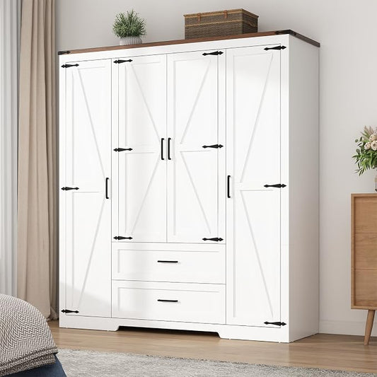 Hlivelood 4 Doors Wardrobe Armoire Closet with Doors and Drawers, Farmhouse Wooden Armoire Storage Cabinet with Shelves & Hanging Rod for Bedroom, White