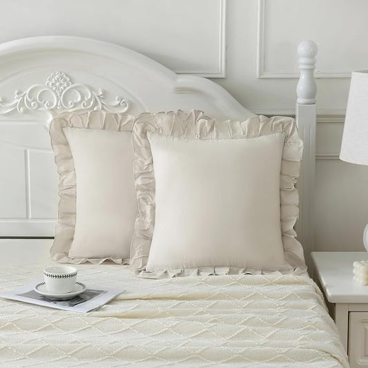 Merryword Beige Pillowcases 18x18 Throw Pillow Covers Pack of 2 Soft Microfiber Ruffle Decorative Pillowcase Cushion for Couch Sofa Bedroom
