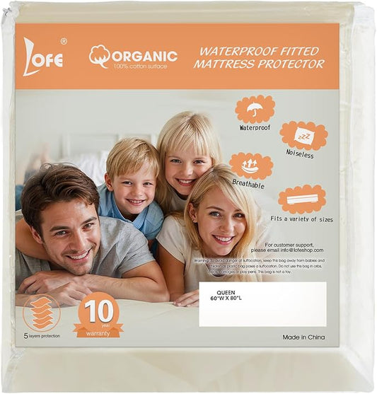 Organic Cotton Queen Mattres Protectors - Top&Side 100% Waterproof Mattress Protectors, Breathable Organic Mattress Protector, Noiseless Queen Mattress Protector Waterproof 80x60x17 in