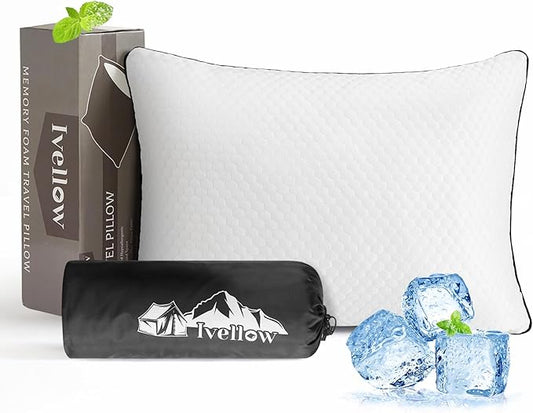 Ivellow Travel Pillow Camping Pillow for Sleeping Small Cooling Shredded Memory Foam Pillow Compressible Compact Medium Firm,Breathable Soft Cover,Outdoor Car Backpacking Hiking Essential Gear White S