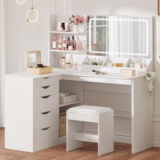 Furmax Vanity Desk with Mirror, L Shape Vanity, LED Lighted Mirror, with Power Outlet and 3 Storage Shelves, Makeup Table with 5 Drawers, 3 Color Modes, for Bedroom(White)