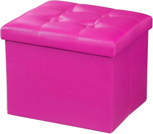 AmasSmile Storage Ottoman Folding Foot Rest Stool, Leather Footstool Bench, Short Ottoman Stool, Storage Foot Rest Store, Books (Rose, 17" D x 13" W x 13" H)
