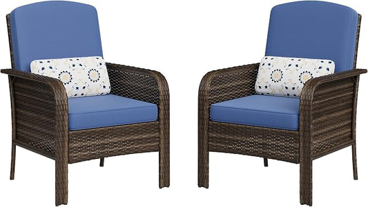 GarveeHome Outdoor Wicker Chairs Set of 2, All-Weather High Back Rattan Patio Furniture, 2-Piece Conversation Set with Comfy Cushions for Porch, Deck, Brown, Blue Cushion