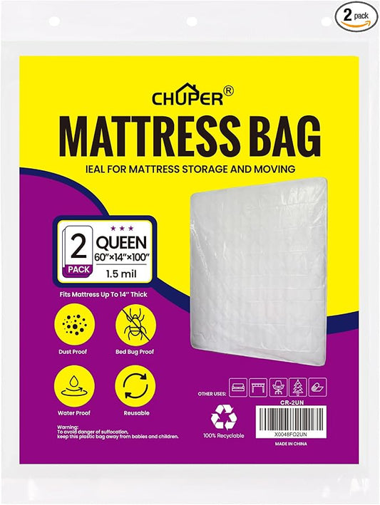 2 PK Queen Mattress Bags for Moving, Storage & Disposal, Waterproof Clear Plastic Mattress Cover for Moving