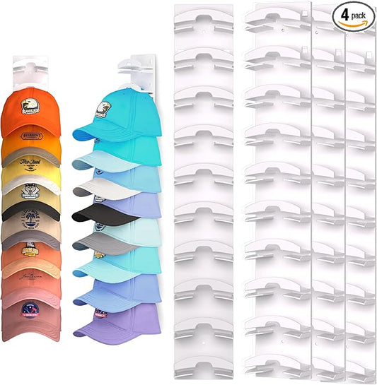Hat Organizer for Baseball Caps 4Pack, Hat Rack for Wall with Strong Adhesive Hold up to 40 Hats, Hat Hanger Holder Display for Door Closet, Cap Organizer Storage Multilayer Two Mounting Option(White)