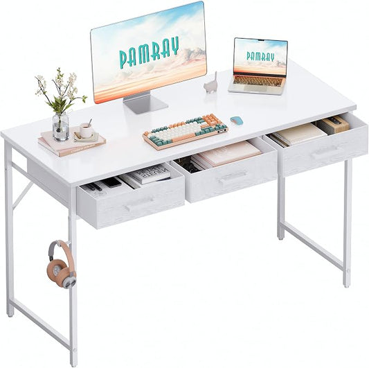 Pamray 47 Inch Small Computer Desk with 3 Drawers for Bedroom Study Writing Home Office Table for Small Spaces White