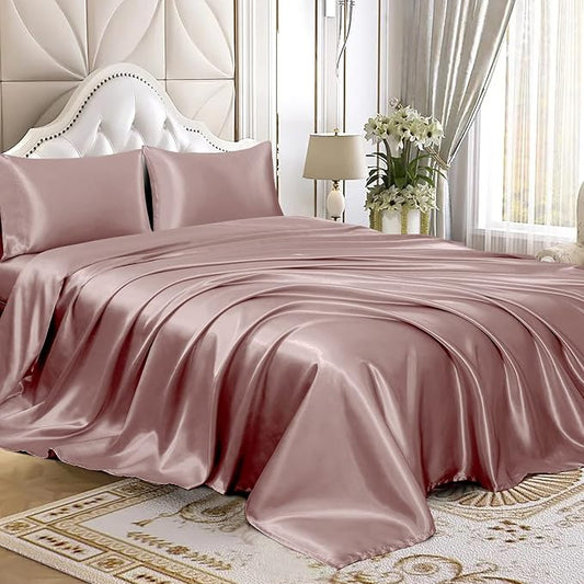 Homiest 4pcs Satin Sheets Set Luxury Silky Satin Bedding Set with Deep Pocket, 1 Fitted Sheet + 1 Flat Sheet + 2 Pillowcases (Full Size, Rose Gold)