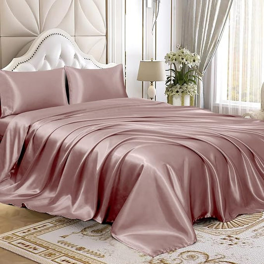 Homiest 3pcs Satin Sheets Set Luxury Silky Satin Bedding Set with Deep Pocket, 1 Fitted Sheet + 1 Flat Sheet + 1 Pillowcase (Twin Size, Rose Gold)