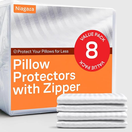 Ultra Soft Pillow Protectors with Zipper Queen Size - Set of 8 Breathable Pillow Covers - 100% Protection Against Stains, Dust & Dirt - Machine Washable (Dark White)