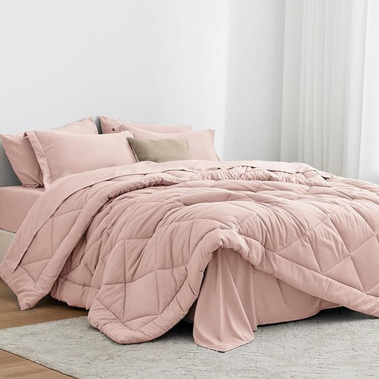 Love's cabin California King Comforter Set Pink, 7 Pieces California King Bed in a Bag, All Season Bedding Sets with 1 Comforter, 1 Flat Sheet, 1 Fitted Sheet, 2 Pillowcase and 2 Pillow Sham | Soft, Breathable, Lightweight, Comfortable