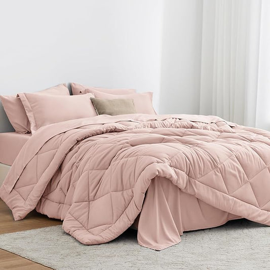 Love's cabin Queen Comforter Set Pink, 7 Pieces Queen Bed in a Bag, All Season Bedding Sets with 1 Comforter, 1 Flat Sheet, 1 Fitted Sheet, 2 Pillowcase and 2 Pillow Sham | Soft, Breathable, Lightweight, Comfortable