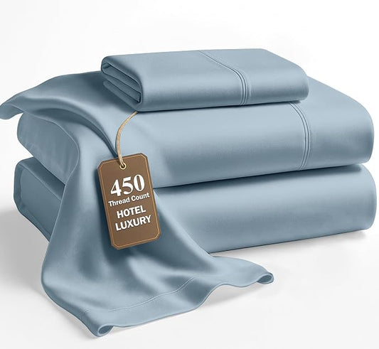 LANE LINEN 100% Cotton Sheets Set Twin XL Size - 450 Thread Count Premium Sateen Weave for Silky Smooth Feel - Very Breathable Cooling Sheets Set for Single Beds - Oeko Tex Certified - French Blue