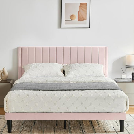 Queen Bed Frame Upholstered Platform,Queen Size Bed Frame with Velvet Headboard,Non-Slip and Noise-Free/Wooden Slats Support/No Box Spring Needed/Easy Assembly/Mattress Foundation (Pink, Queen)