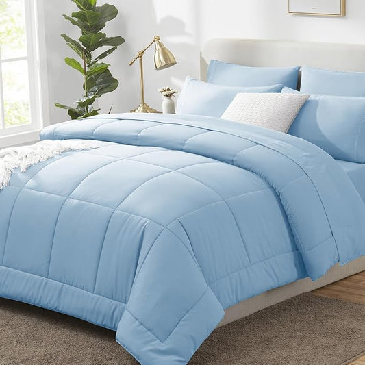 CozyLux Oversized Queen Comforter Sets Baby Blue, 7 Pieces Bed in a Bag, Ultra-Soft All Season Bedding Sets with Stitch Quilted Comforter, Flat Sheet, Fitted Sheet, Pillowcases