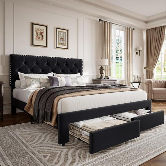 Garvee King Size Bed Frame with 2 Storage Drawers, Vintage Velvet Headboard Bedframe with upholstered Platform, Wooden Slat Support, Noise Free, No Box Spring Needed, Black