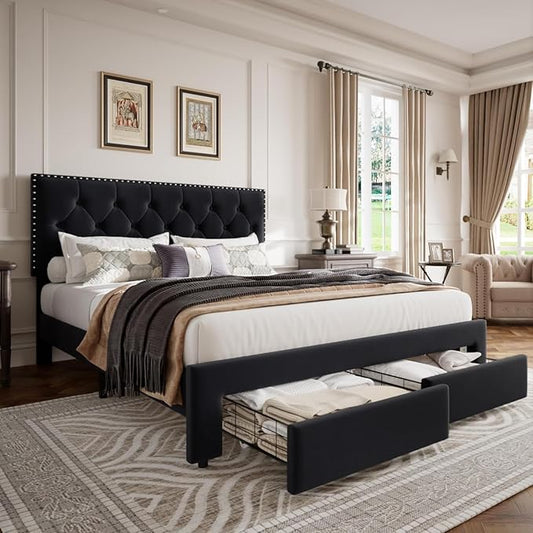 Garvee Full Size Bed Frame with 2 Storage Drawers, Vintage Velvet Headboard Bedframe with upholstered Platform, Wooden Slat Support, Noise Free, No Box Spring Needed, Black