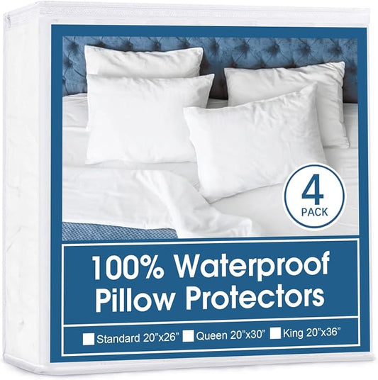 4 Pack Pillow Protectors with Zipper King Size Breathable & Noiseless Pillow Protector 100% Waterproof Pillow Cases 20''×36'' White Pillow Covers