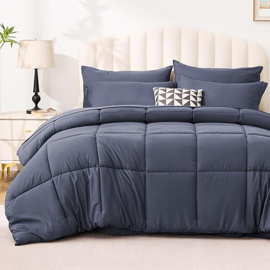 Love's cabin Full Comforter Set Indigo Blue, 7 Pieces Full Bed in a Bag, All Season Bedding Sets with 1 Comforter, 1 Flat Sheet, 1 Fitted Sheet, 2 Pillowcase and 2 Pillow Sham | Soft, Breathable, Lightweight, Comfortable