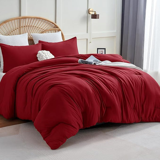 CozyLux Queen Comforter Set Dark Red, 3 Pieces Solid Comforters Queen Size Breathable Quilted Bedding Sets, Luxury Soft Lightweight Bed Set with Down Alternative Comforter and 2 Pillowcases All Season