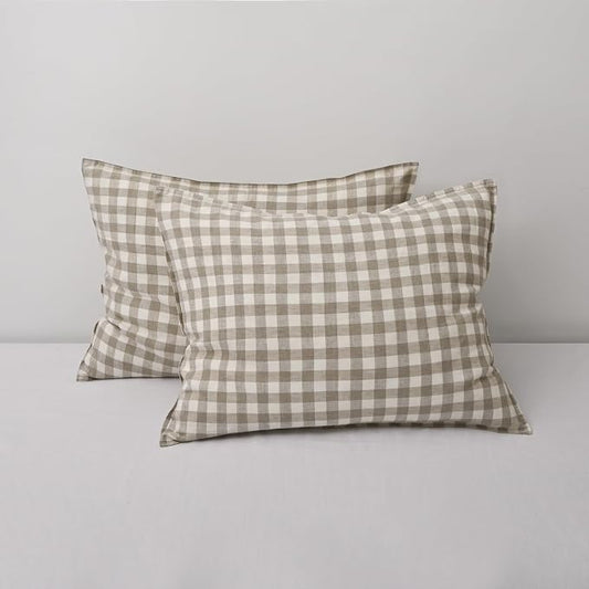 CHUFFED 100% French Linen Pillow Cases Standrad Size Set of 2, Stone Washed Flax Pillow Shams with Zipper Closure - Breathable & Cooling for Hot Sleepers,20x26 Inches,Linen Plaid
