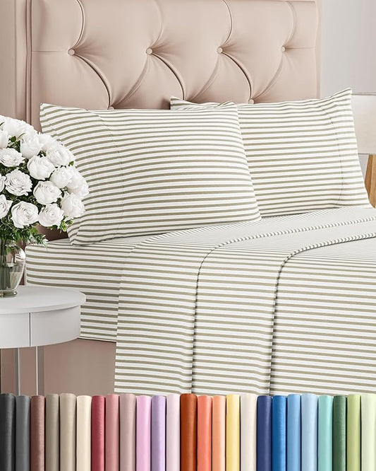Twin 4 Piece Sheet Set - Comfy, Breathable & Cooling - Soft Hotel Luxury Bedding for Women, Men, Kids, Teens and Children - 1 Flat & 1 Fitted Sheet & 2 Pillowcases with Deep Pockets - Beige Stripes 2
