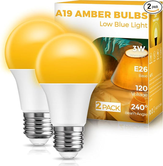JandCase Amber Light Bulbs for Healthy Sleep, 3W Warm Light Bulbs Blue Light Blocking, Low Watt Light Bulbs 40W Equivalent, E26 A19 Dim Light Bulbs for Lamp, Bderoom, Mood Soothing, Nursery, 2 Pack