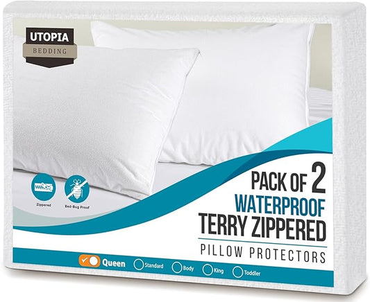 Utopia Bedding Set of 2 Waterproof Pillow Protectors with Zipper Queen Size, Terry Pillow Covers, Bed Bug and Dust Mite Proof Pillow Cases