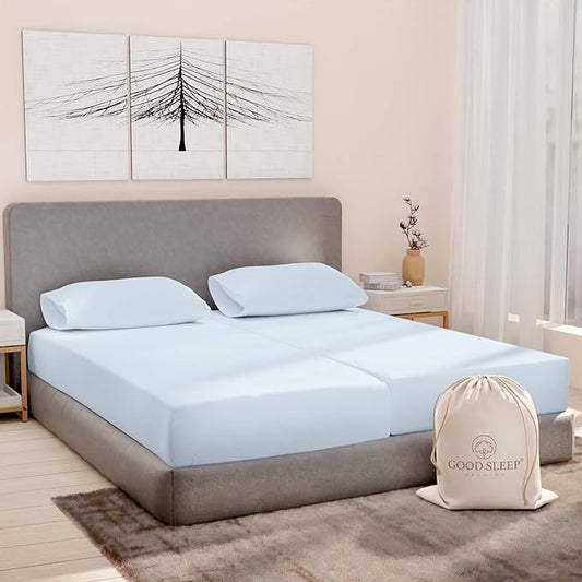 Good Sleep Bedding Split King Sheets Sets for Adjustable Bed, 5 Piece, 100% Egyptian Cotton Sheets for Adjustable Beds, Sateen Weave, Ultra-Soft, 16" Deep Pocket BedSheets - Light Blue