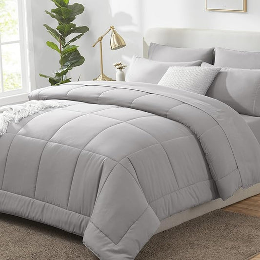 CozyLux California King Comforter Sets French Grey, 7 Pieces Cal King Bed in a Bag, All Season Bedding Sets with Stitch Quilted Comforter, Flat Sheet, Fitted Sheet, Pillowcases